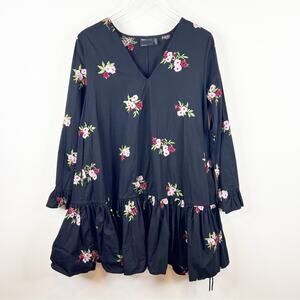 ASOS Floral Embroidered Drop Waist Mini Dress 10 Black